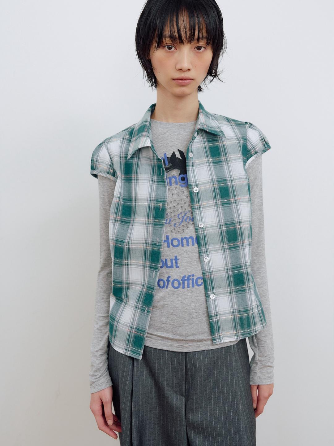CHECK CAP SLEEVE SHIRT_GREEN