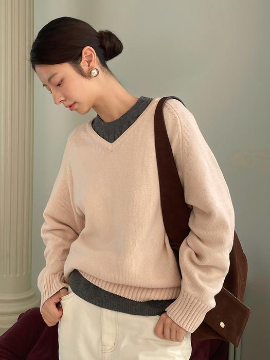 SIKN2156 울 블렌드 루즈 브이넥 니트_Light pink