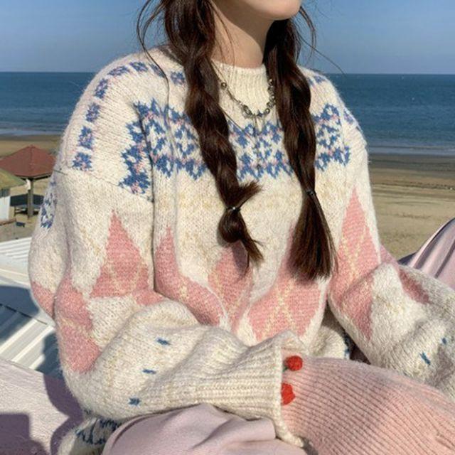 겨울 아가일 니트 라운드 팁슨니트티