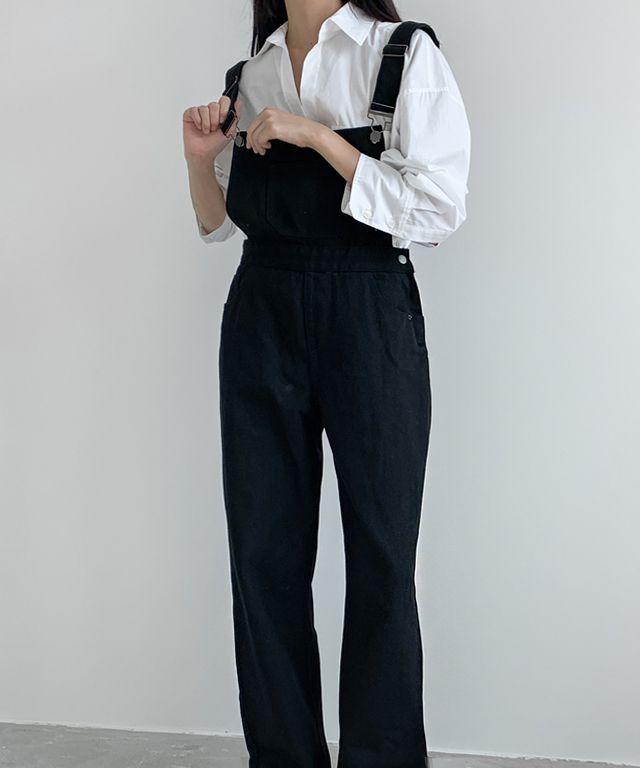 [점프수트/멜빵]오버롤 블랙 멜빵 와이드 팬츠_데이원진