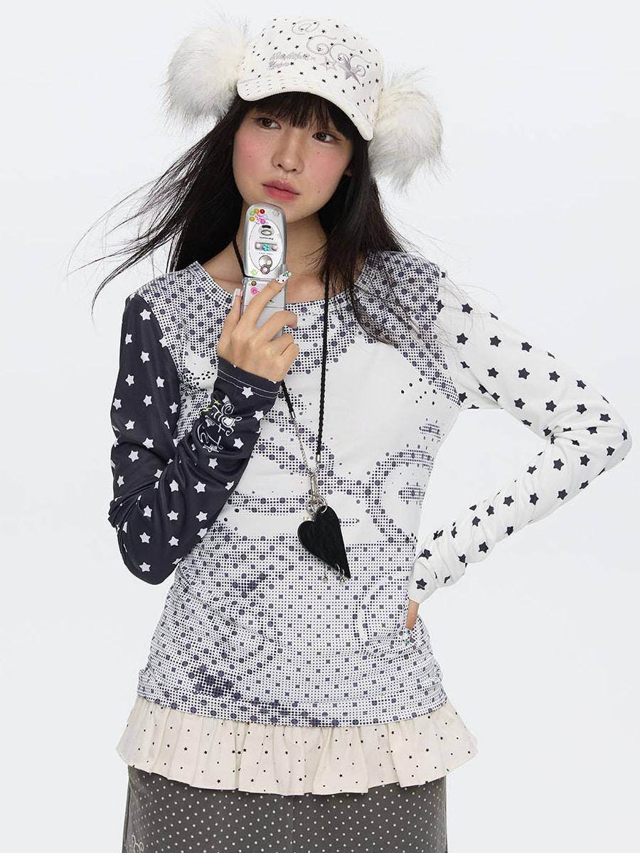 BETWEENAND Full Print Polka Dot Pixel T-Shirt