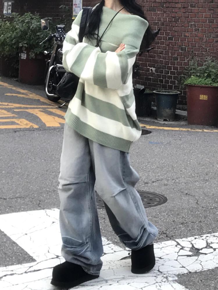 [히니츠키] 크랙 연청 워싱 다트 와이드 데님 팬츠
