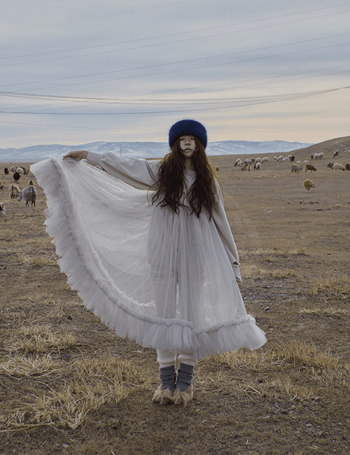 harness tulle long dress in gray