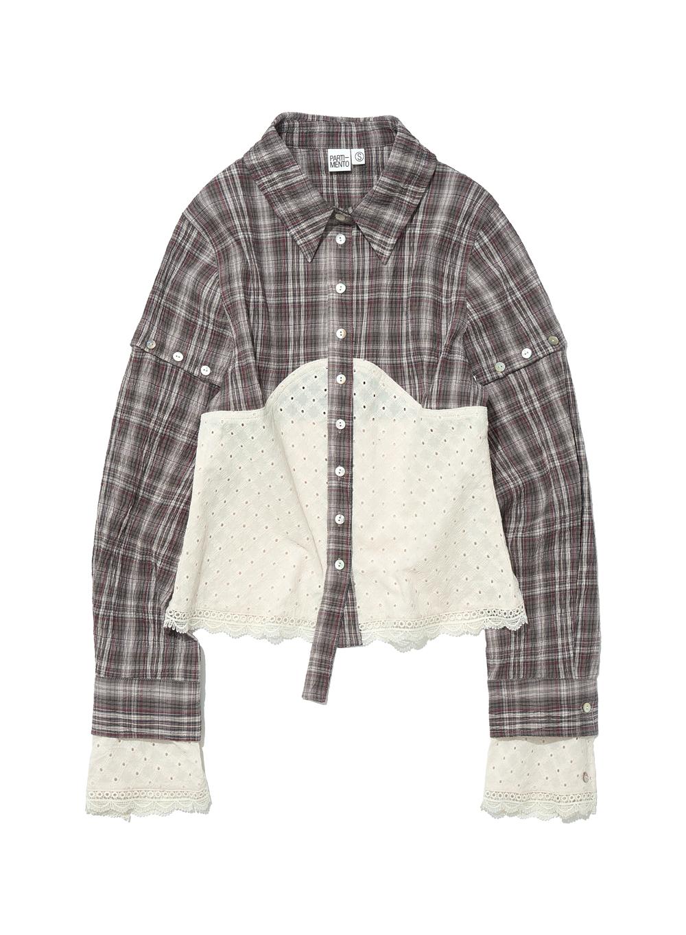 [WOMEN] CHECK LACE EMBROIDERY COMBI SHIRT_BROWN