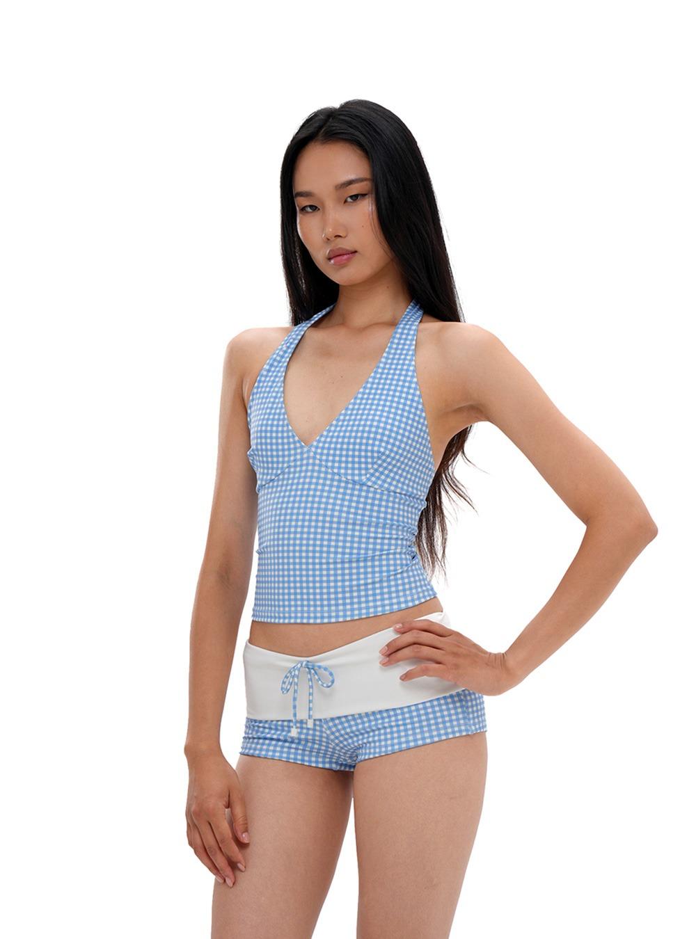 Checked Halter Bikini & Shorts Set (2color)