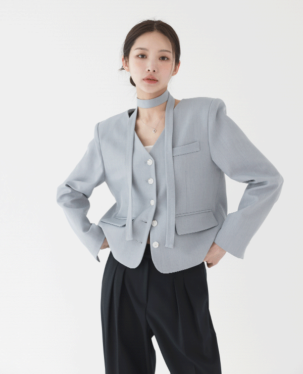 듀얼 브이넥 노카라 타이 자켓 (2color)