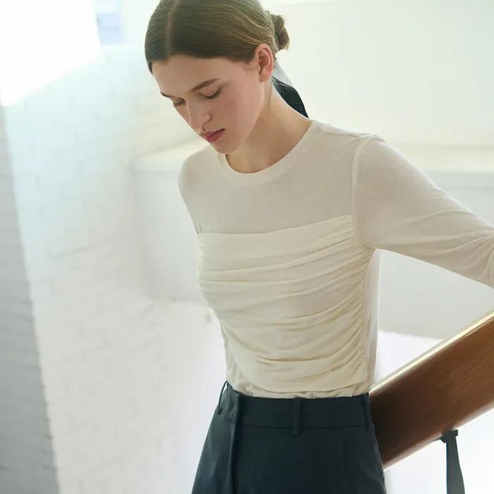 셔링 드레이프 롱 슬리브 티셔츠 [IVORY]