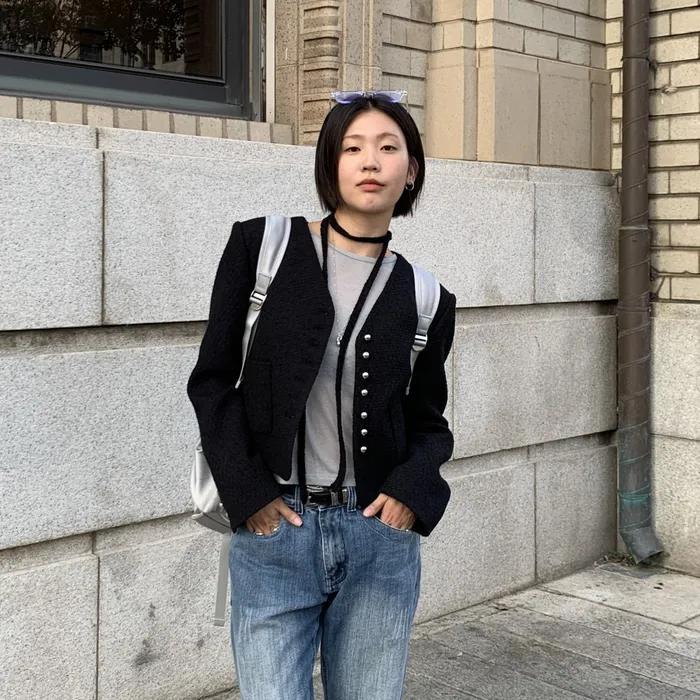 [리오더] V-Neck Strap Tweed Jacket, Black