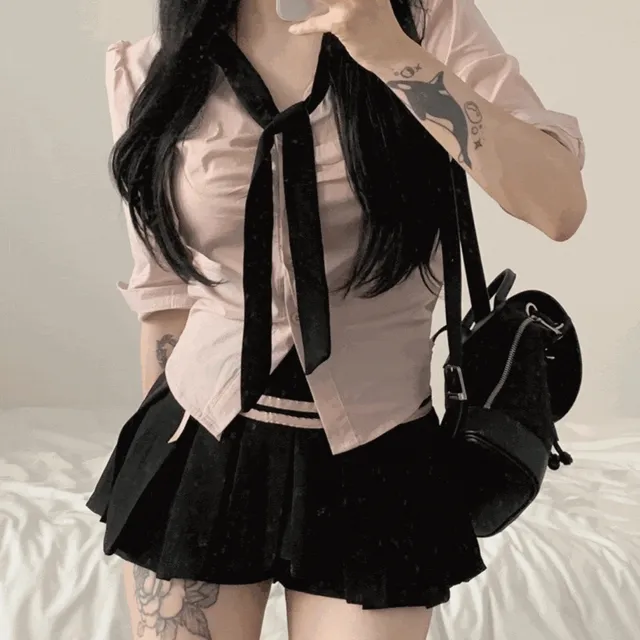 ❤컬러추가/긱시크룩❤ 자수 셔링 셔츠 + 블랙 타이 set