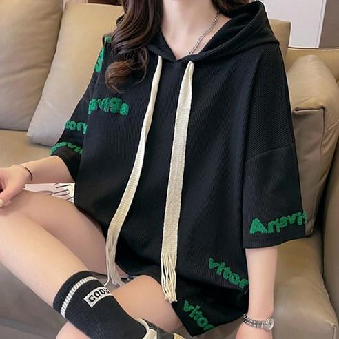 메이첼 배색 레터링 후드 반팔 캐주얼 티셔츠 02393