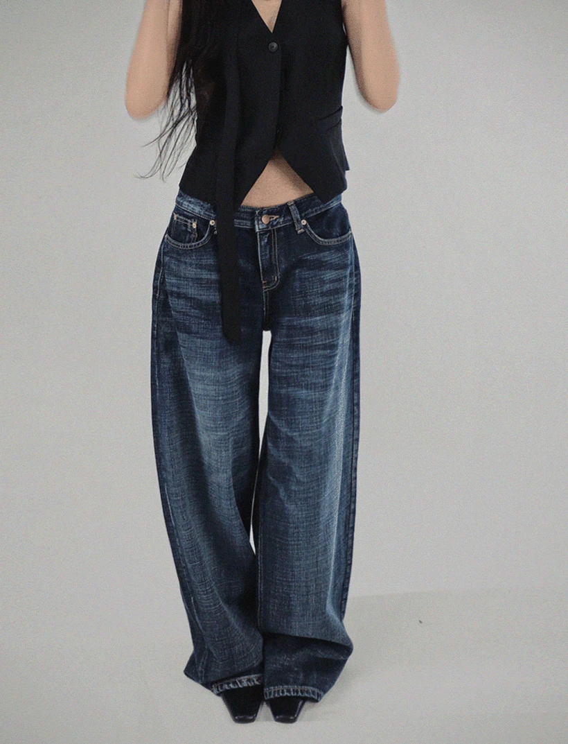 DARK DOWN BLUE LOW RISE LOOSE WIDE DENIM PANTS 진컬 톤다운 진청 로우라이즈 루즈 와이드 데님팬츠