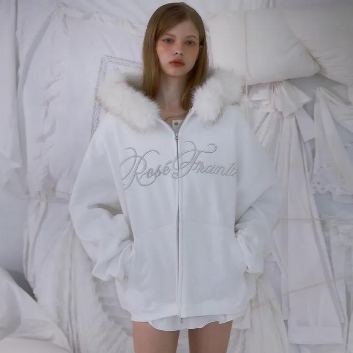 Fur Overfit Lettering Hood Zip-up [Ivory]