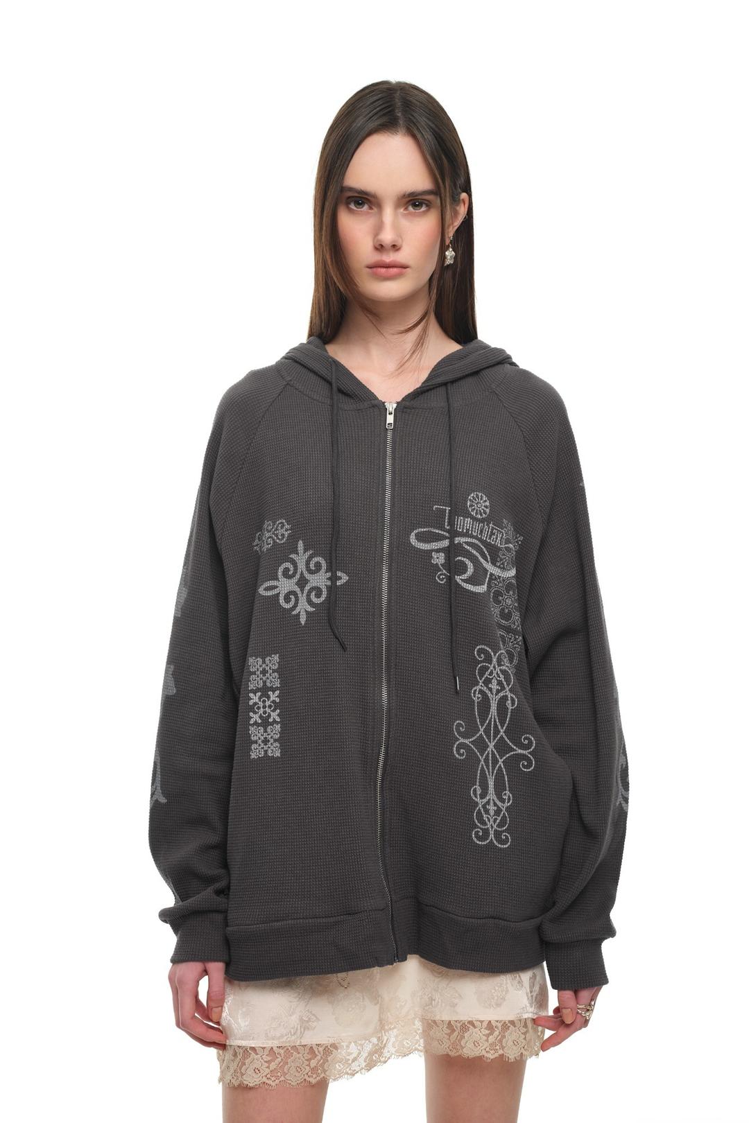 FOLK PATTERN WAFFLE ZIP-UP HOODIE (CHARCOAL)