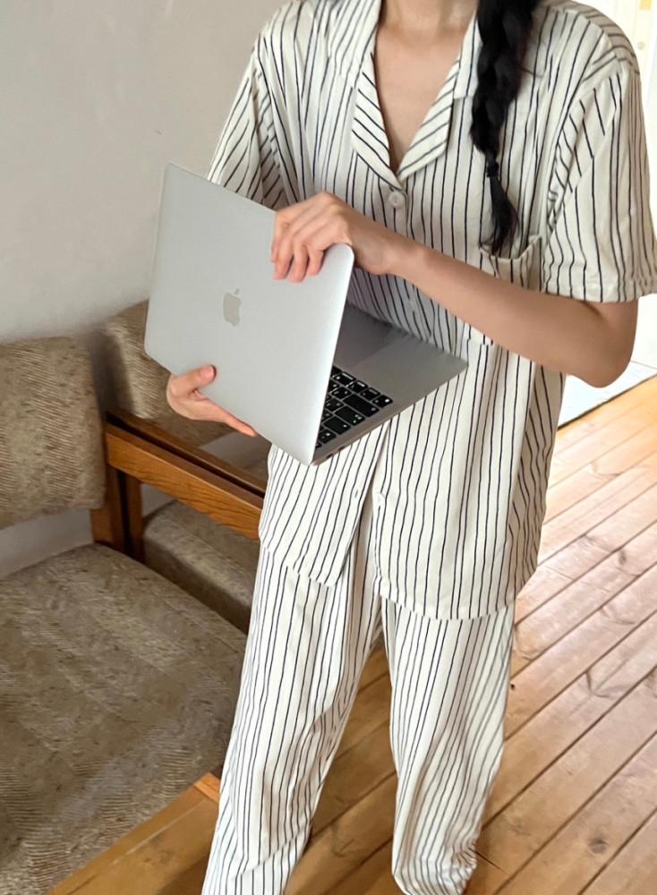 [마인드핑거] 3피스 스트라이프 파자마 잠옷 홈웨어