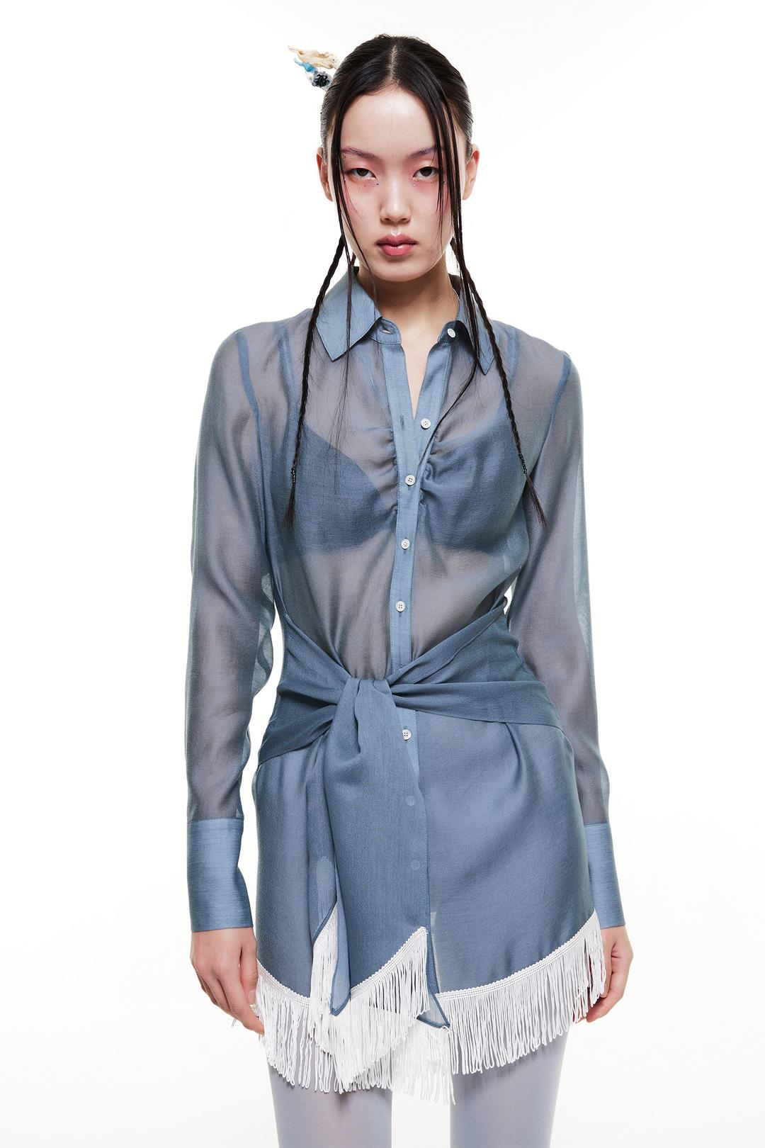 TIE-UP SHIRRING SHIRT DRESS DUSTY BLUE