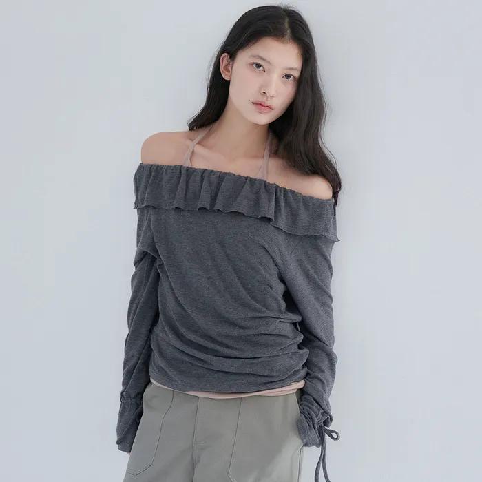 FRILL COLLAR T SHIRTS BLOUSE [ CHARCOAL ]