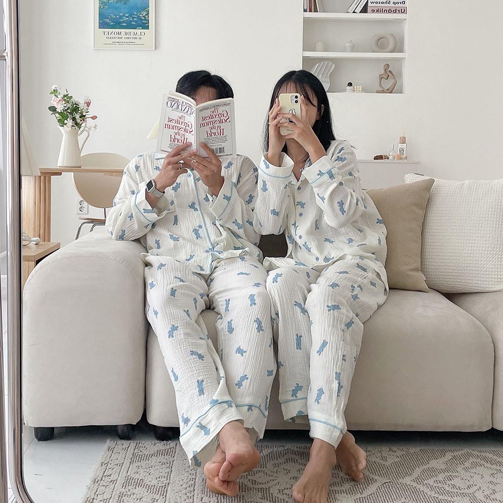 블루 래빗 커플 순면 봄 가을 긴팔 잠옷 세트 투피스 파자마 신혼