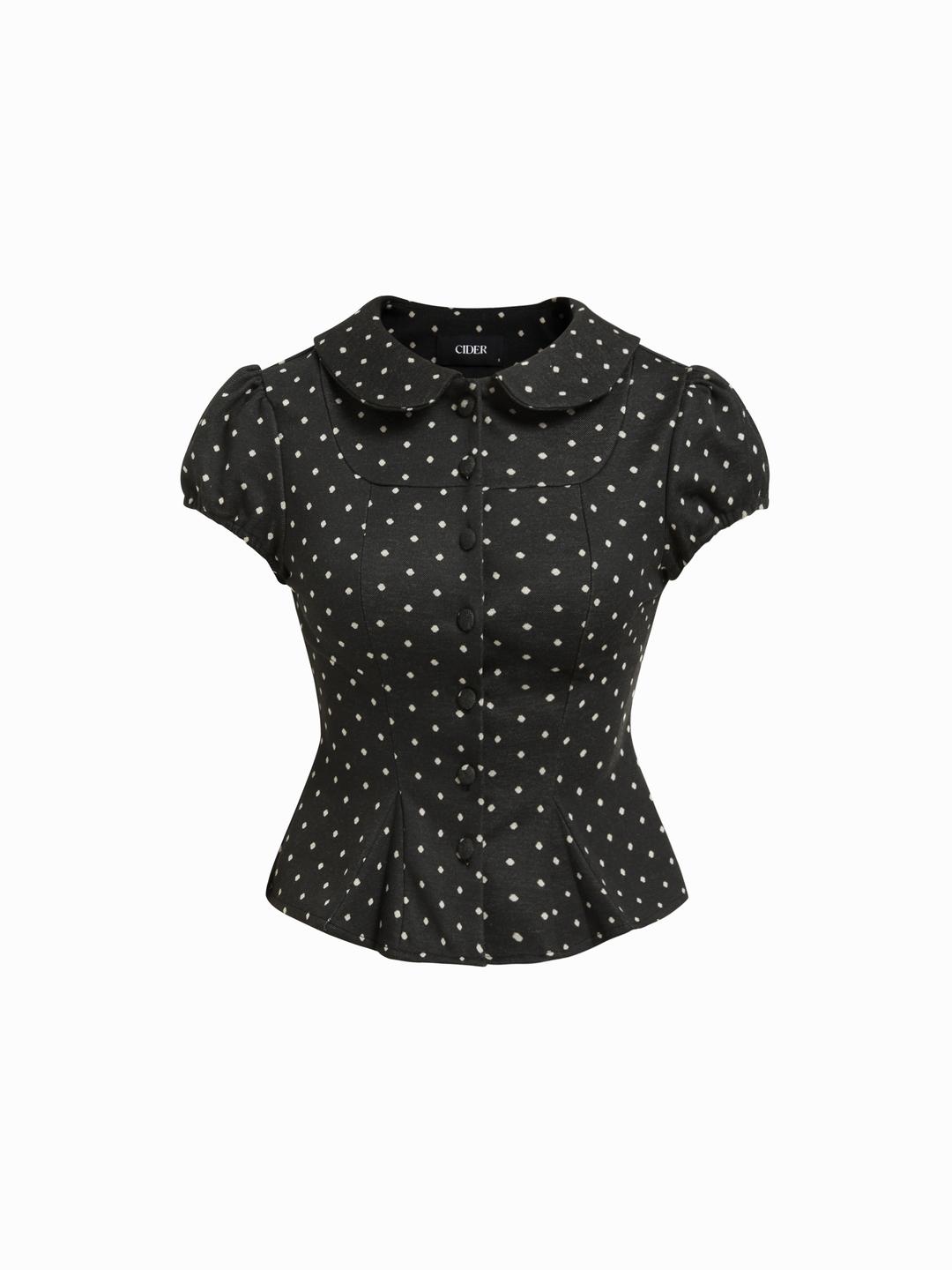 Polka Dot Peter Pan Collar Puff Sleeve Cropped Top