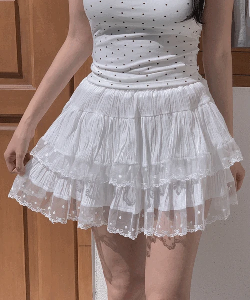 고비 리본 도트 레이스 플레어 캉캉 미니 스커트