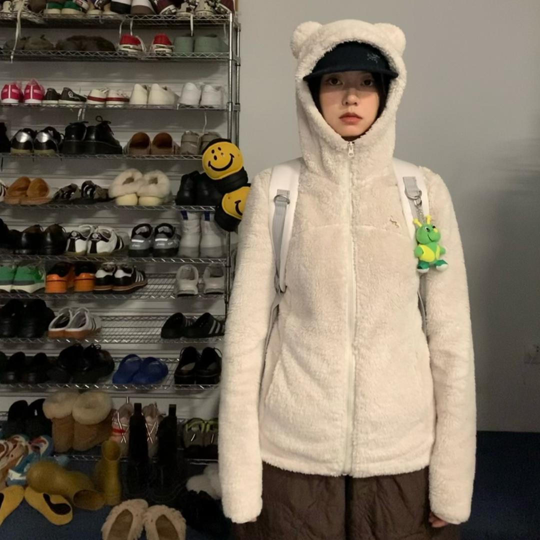MeihaoStore 귀여운 베어 후드 후리스 곰 귀 뽀글이 플리스 자켓