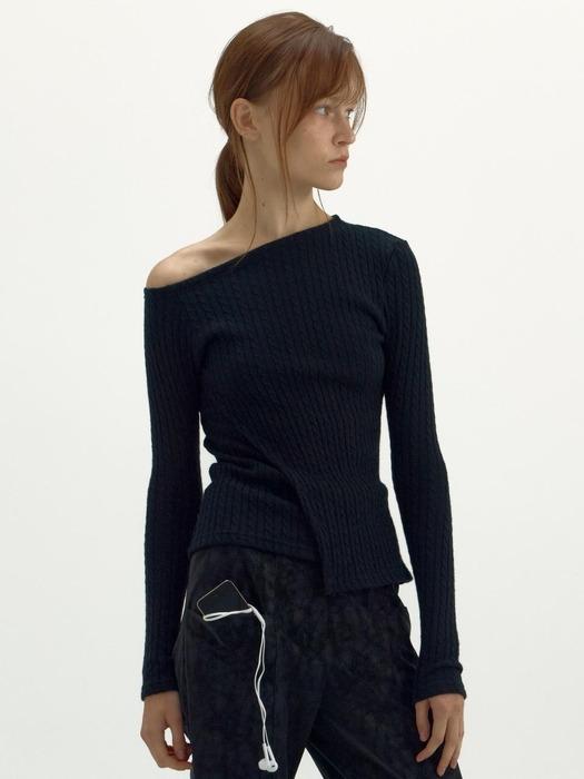 [2 COLOR] ONE SHOULDER UNBALANCED KNIT TOP_BLACK