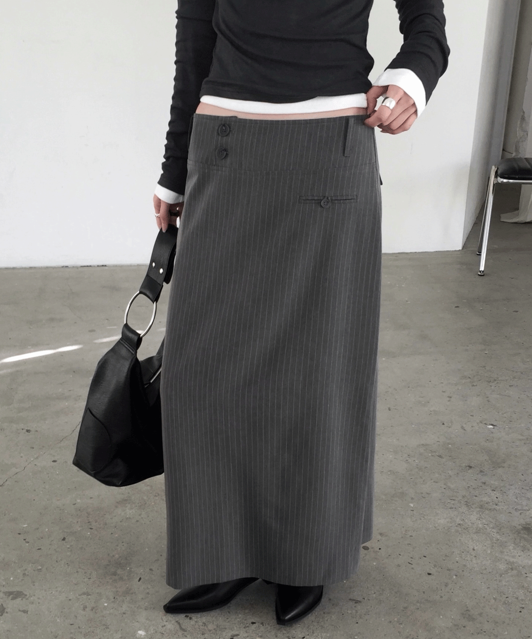 모허 [뉴올] 로우SK 로우라이즈 맥시스커트 스트라이프 버튼 롱스커트 봄 (2color)