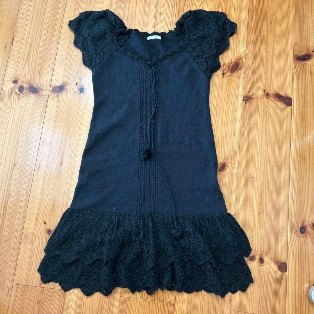 レストローズブラックニットフリルワンピース 半袖