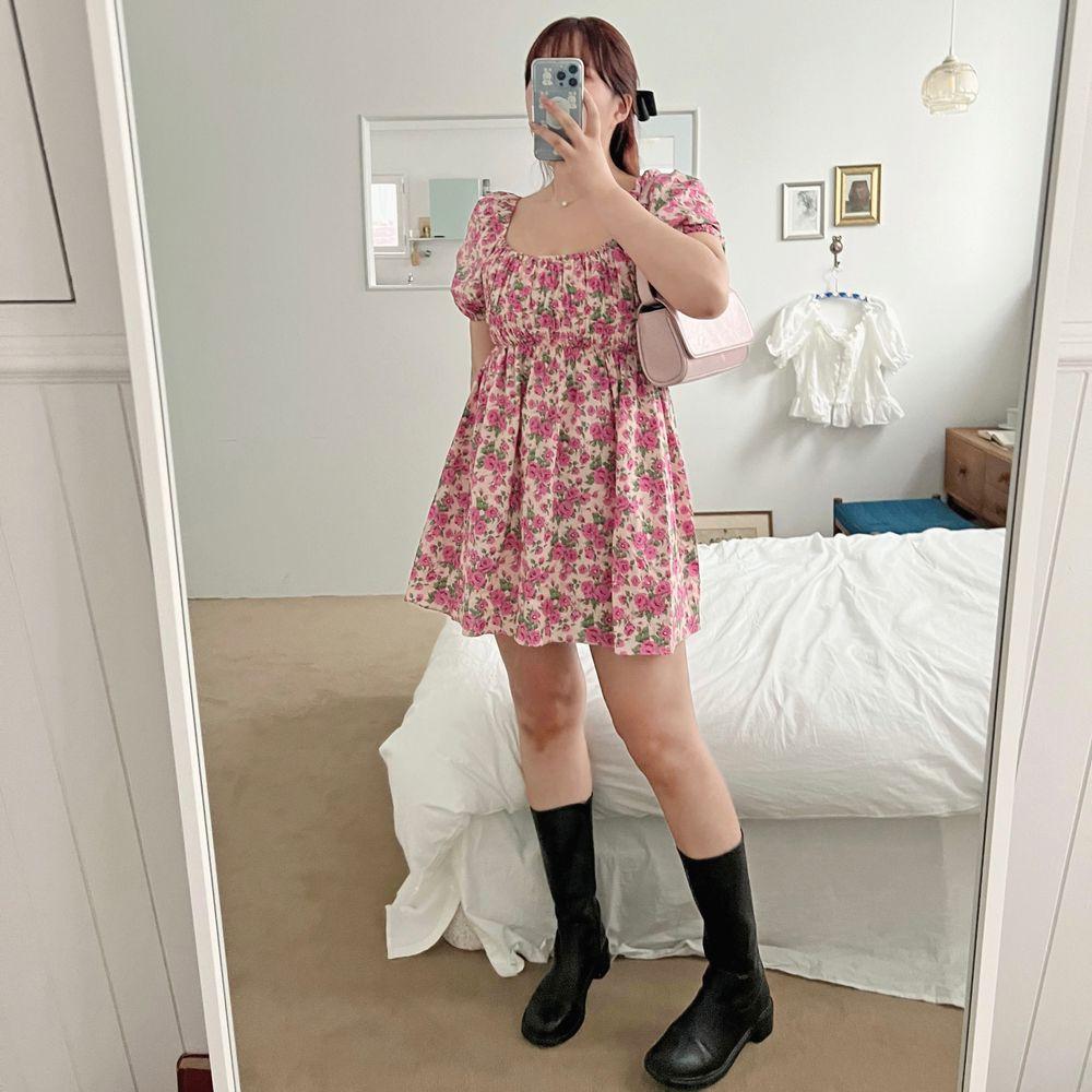 [고퀄/문의폭주] 셀럽 플라워 프린팅 퍼프 뒷리본 미니원피스 빅사이즈원피스 통통녀원피스 바캉스원피스 반팔원피스