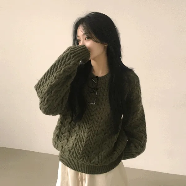 [러블리/아방핏] 여리함 가득 담은, 도톰 기본 무지 라운드 꽈배기 루즈핏 울 긴팔니트 (4color)