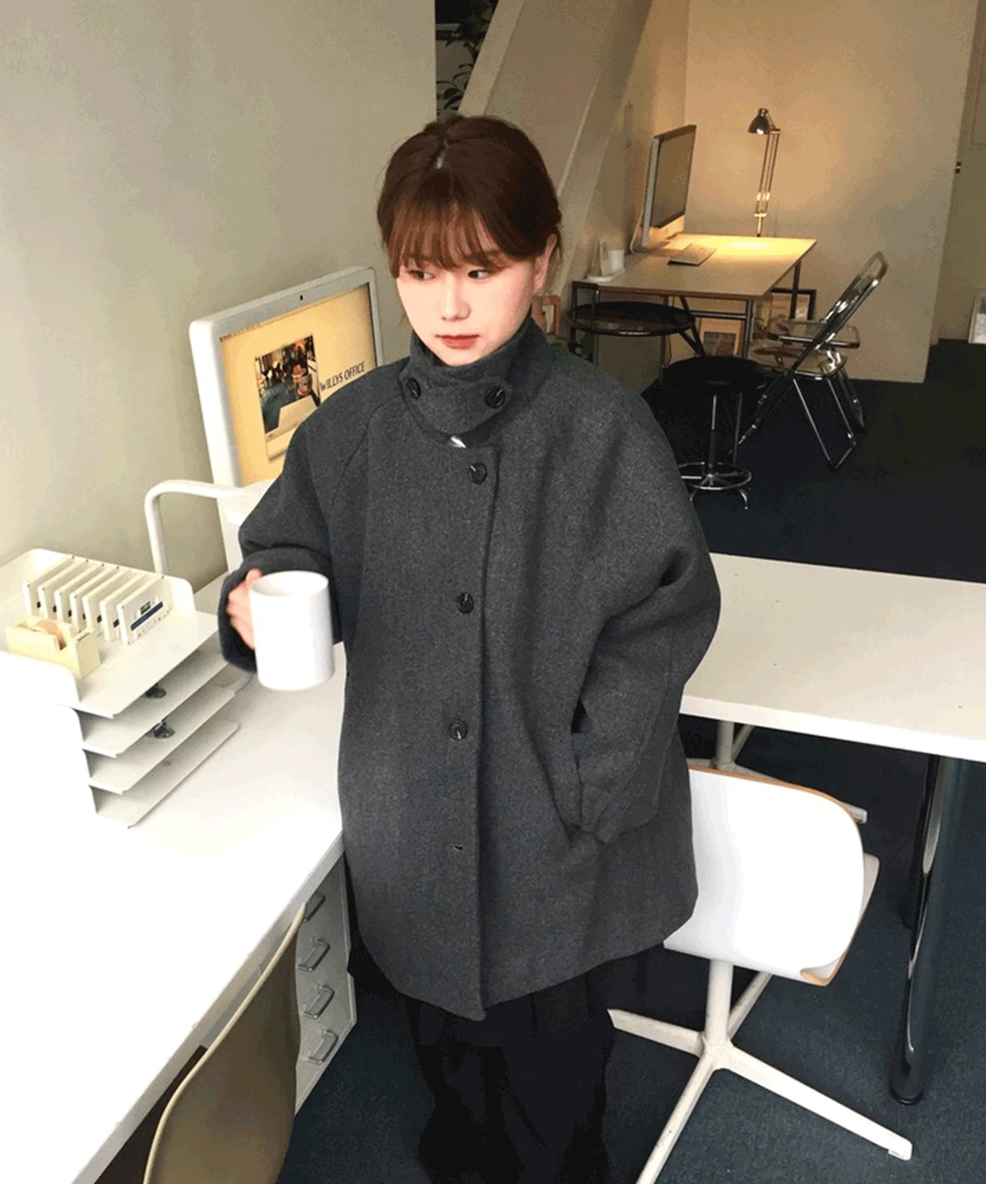 하이넥 카라 누빔 하프 코트