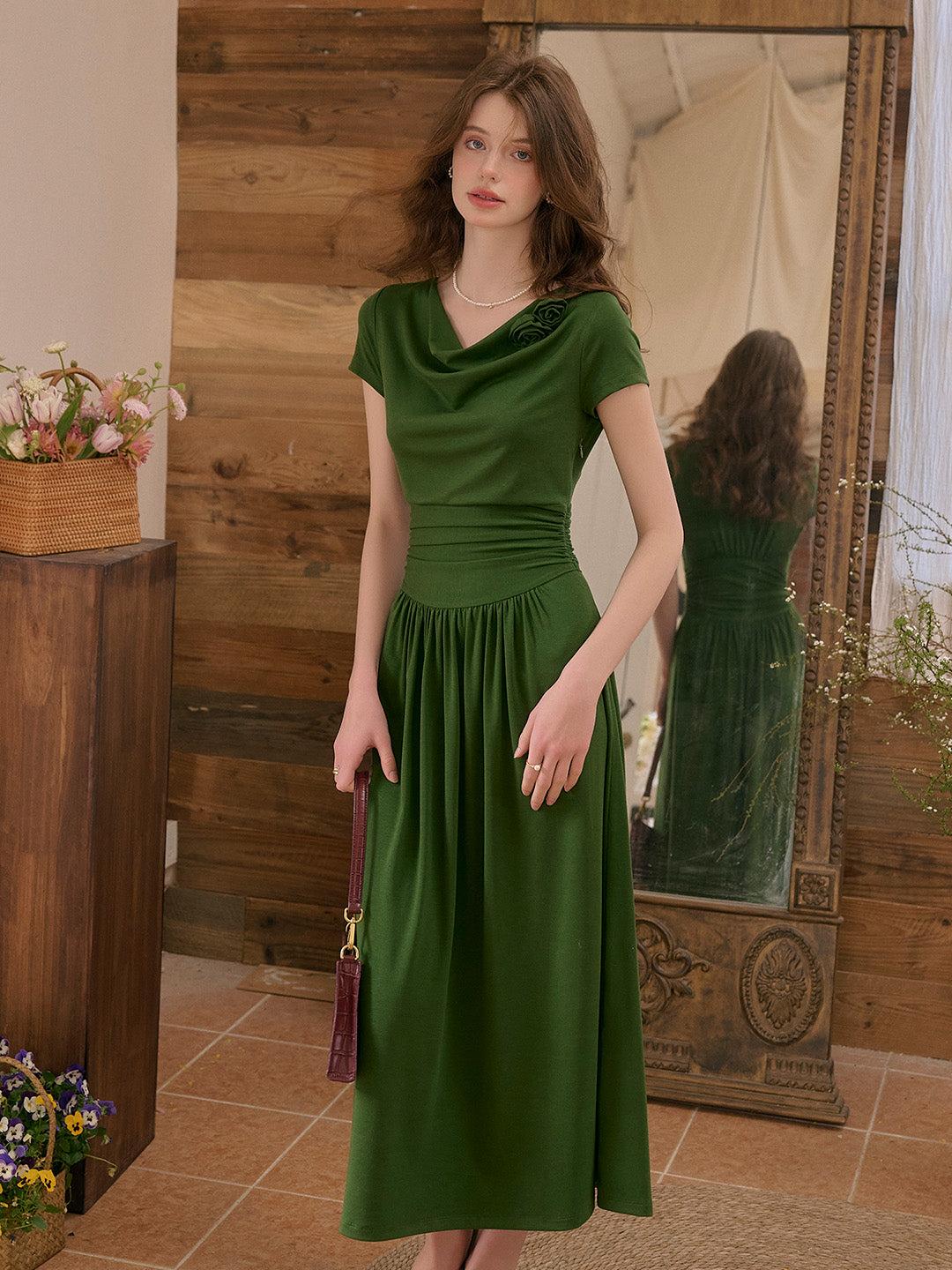Bella Cowl Neck 3D Rose Dress - Green / S
