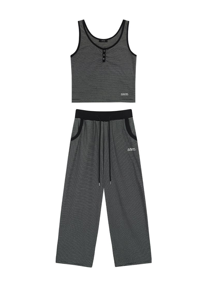 [SET] RIN STRIPE SLEEVELESS & PANTS / BLACK