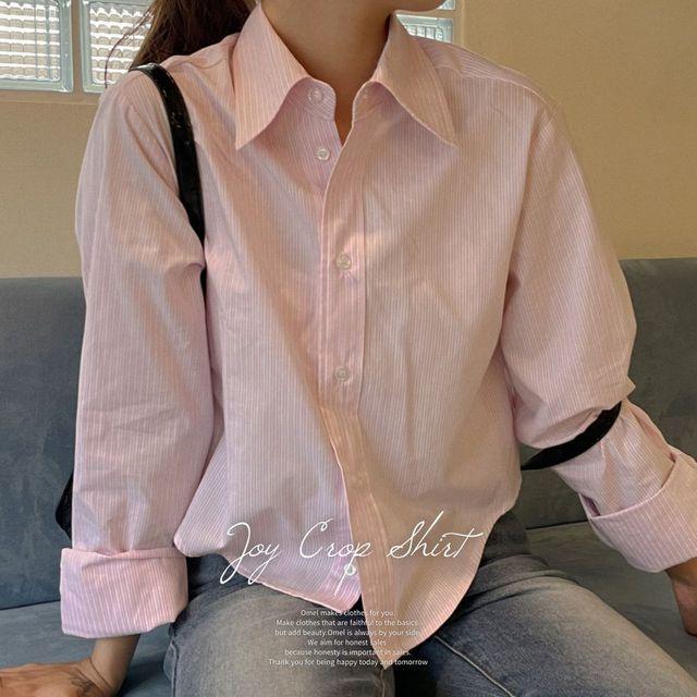 [엠디추천] 조이 크롭  스트라이프 셔츠 코튼 세미 긴팔 남방 카라 체크  3color