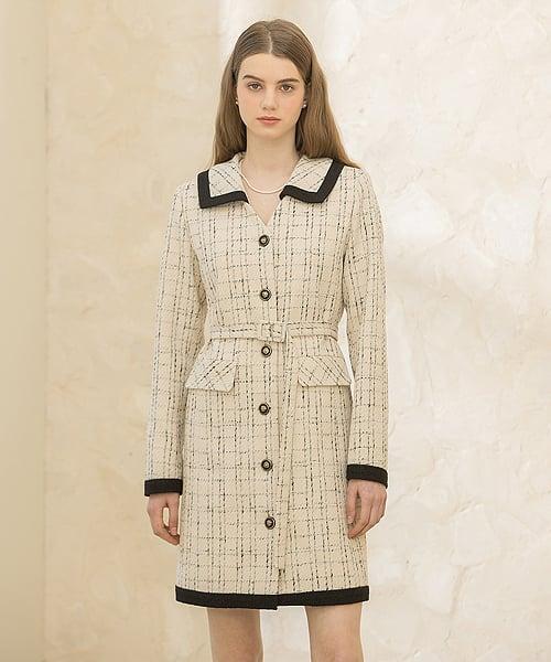 브이 넥 트위드 싱글 자켓 드레스 (베이지)
