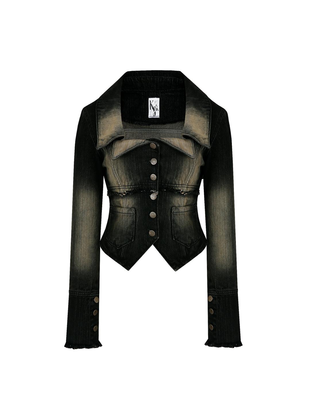 Denim Squre Neck Trucker Jacket Black