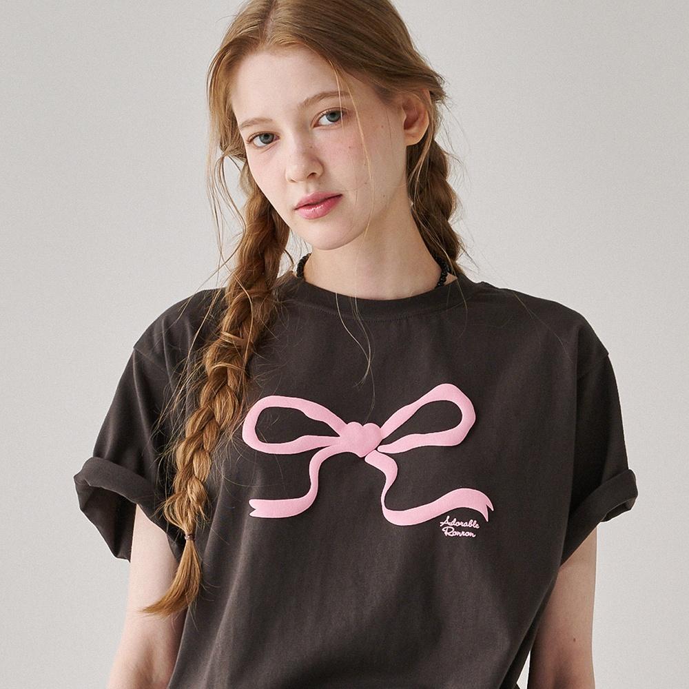 EMBO HEART RIBBON BASIC FIT T SHIRT CHARCOAL PINK