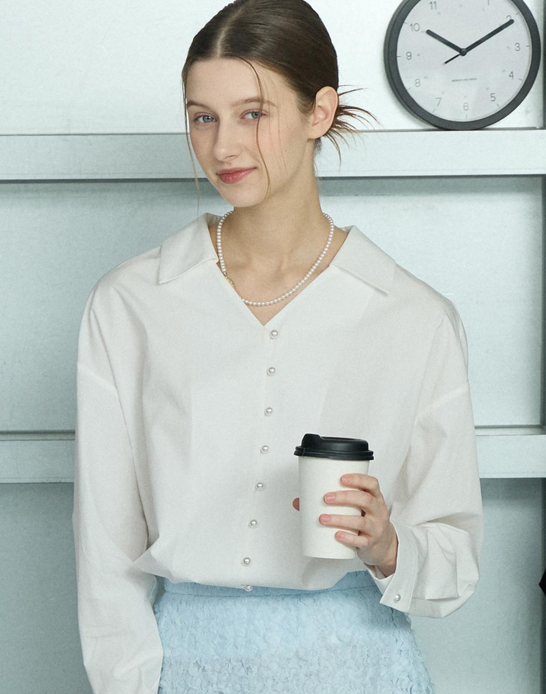 Button Point V-Neck Collar Blouse - White