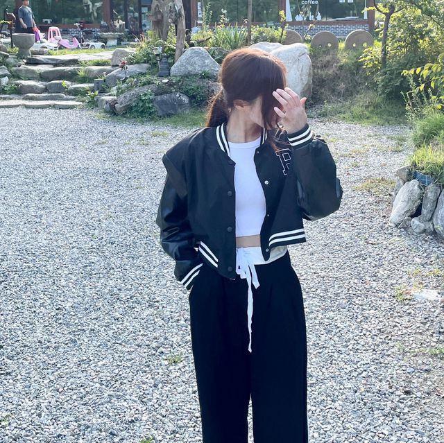 [간절기/y2k] 패치 오버핏 배색 레더 크롭 야구 점퍼 2color