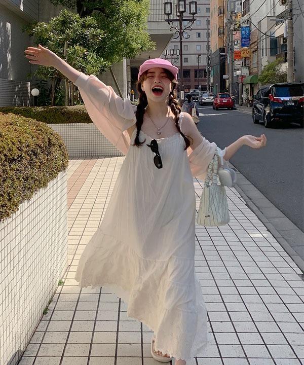 [Retro✨소녀감성] 비스킷 나시 레이스 빈티지 포인트 민소매 원피스  레이어드 유넥 스퀘어넥 캉캉 롱원피스