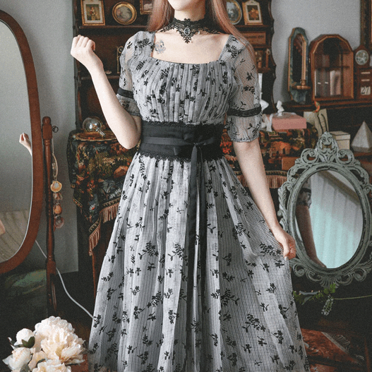 메리엘 플라워 체크 허리 배색 롱 원피스 op0357