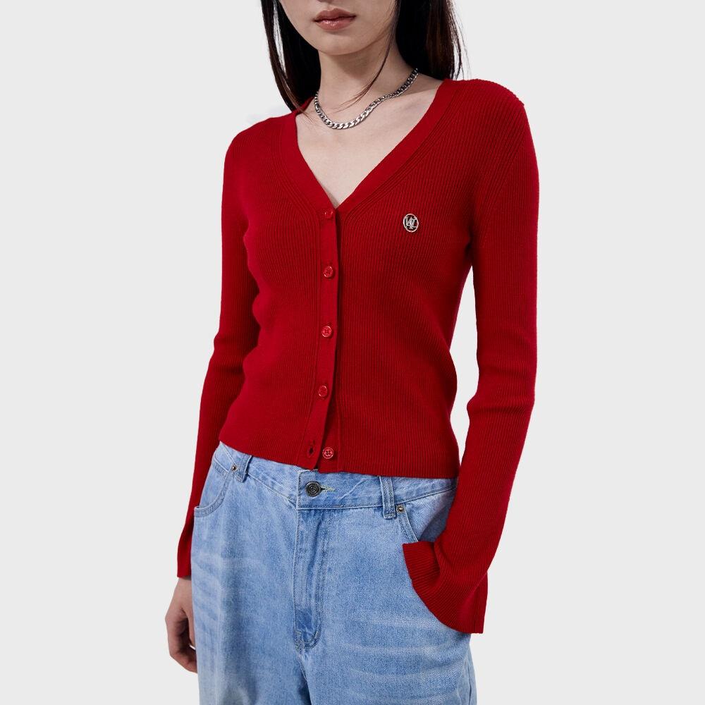 V-neck slim cardigan - RED