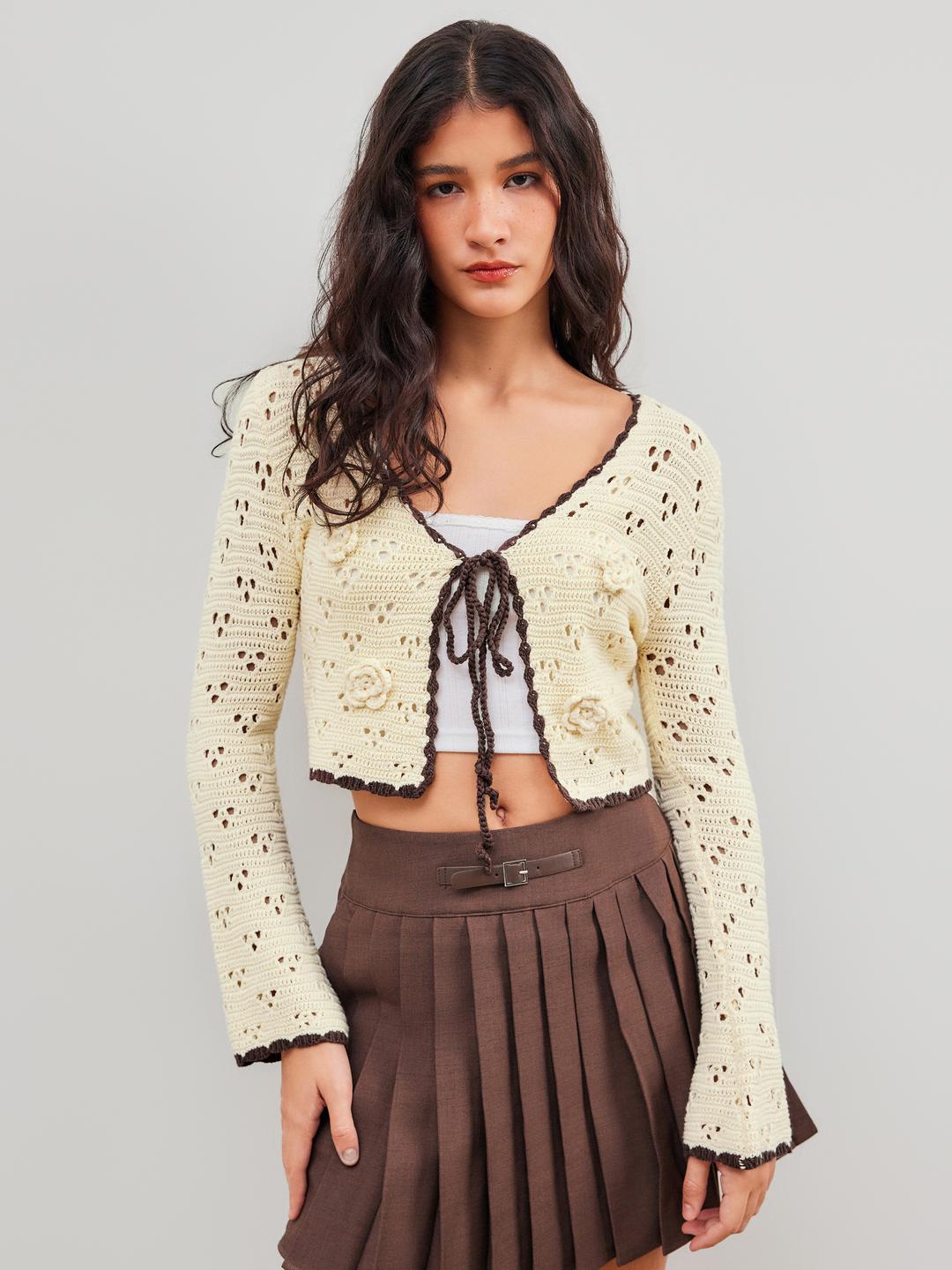 Wool-blend V-neck Contrasting Binding Rosette Hollow Out Knotted Knitted Cardigan