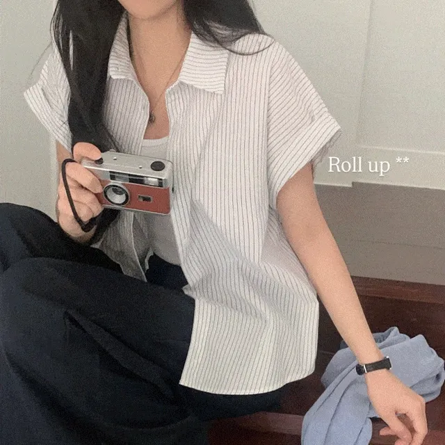 [빈티지🤍/여름셔츠] 샌드 스트라이프 루즈핏 롤업 반팔셔츠,남방 - 3color