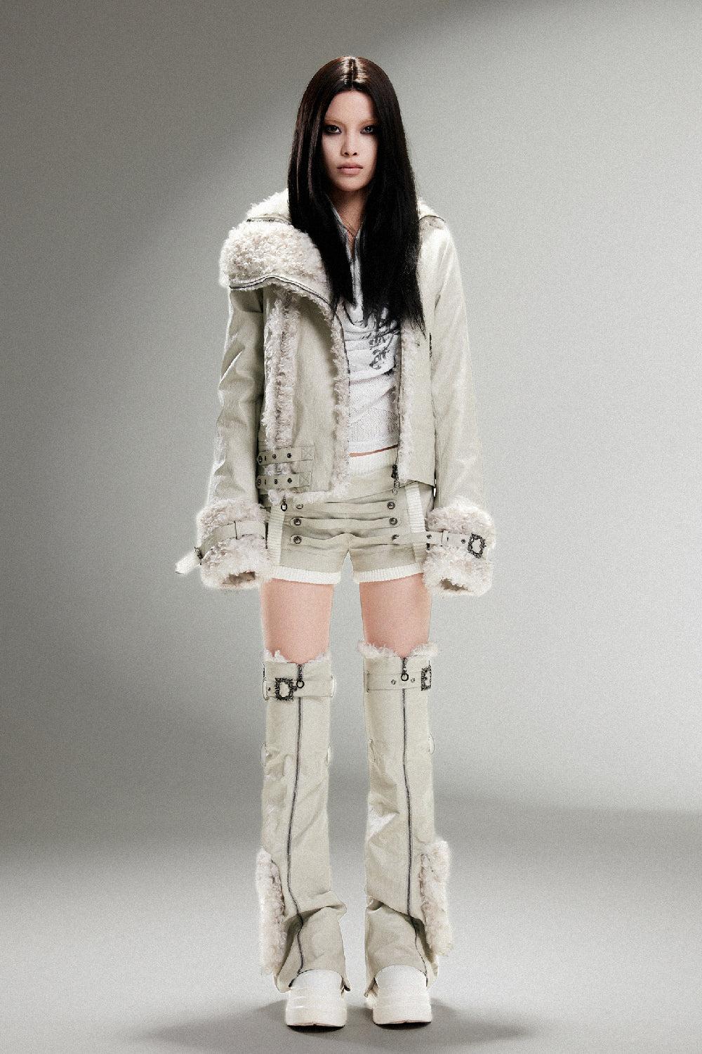 Fleece-Lined Leather Coat - Gray / S