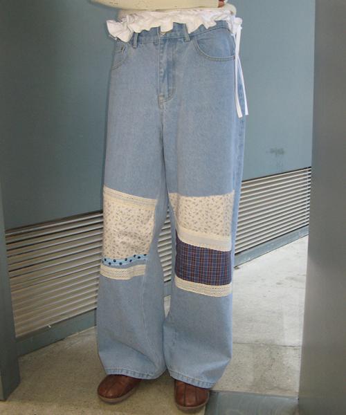 COTTAGE PATCHWORK DENIM PANTS LIGHT BLUE