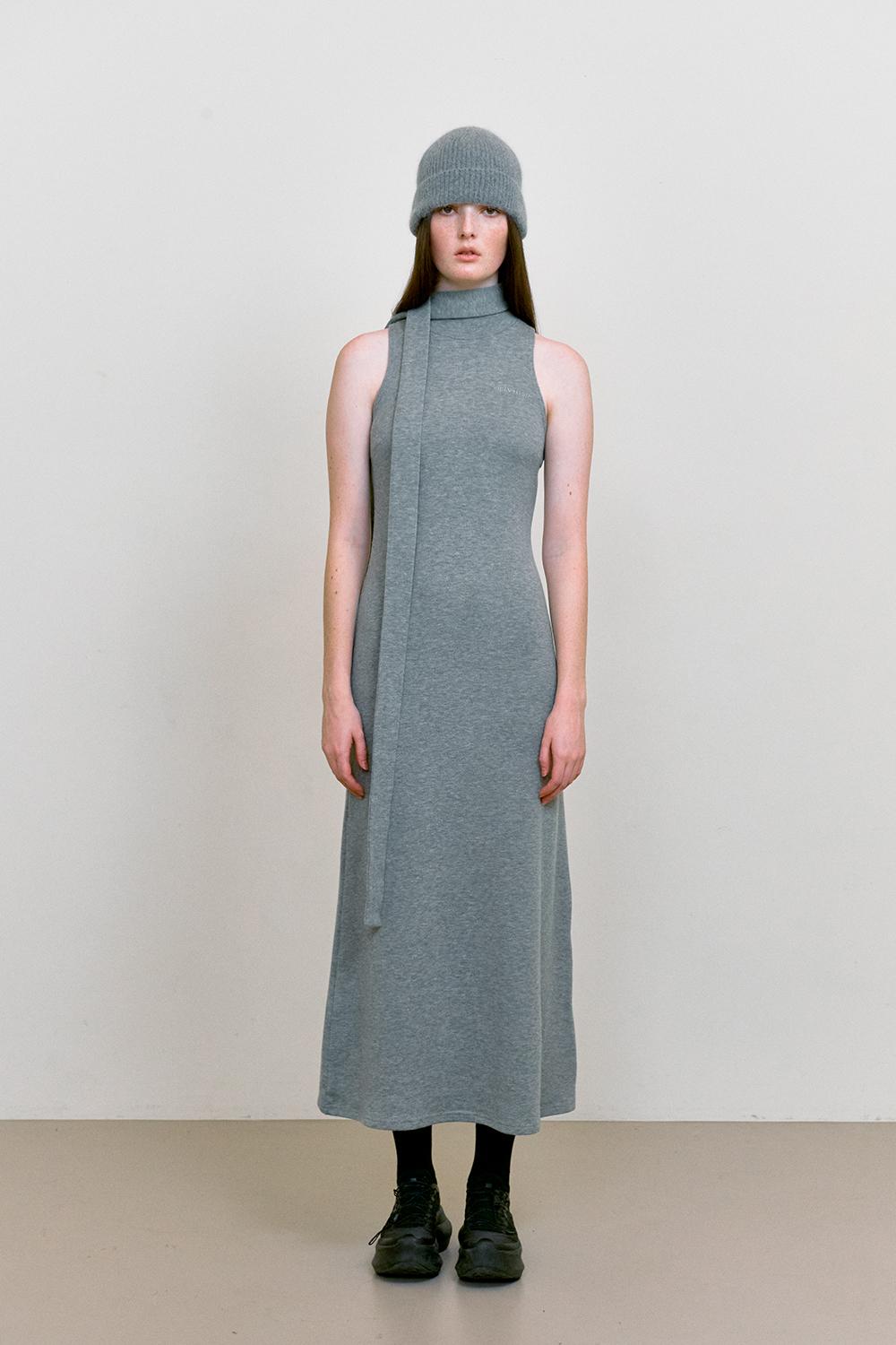 Sleeveless Scarf Knit dress-Grey
