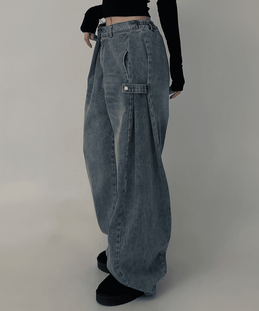 아스타틴 [Unisex] 사이드 스냅 벌룬 데님 팬츠 (2 colors)