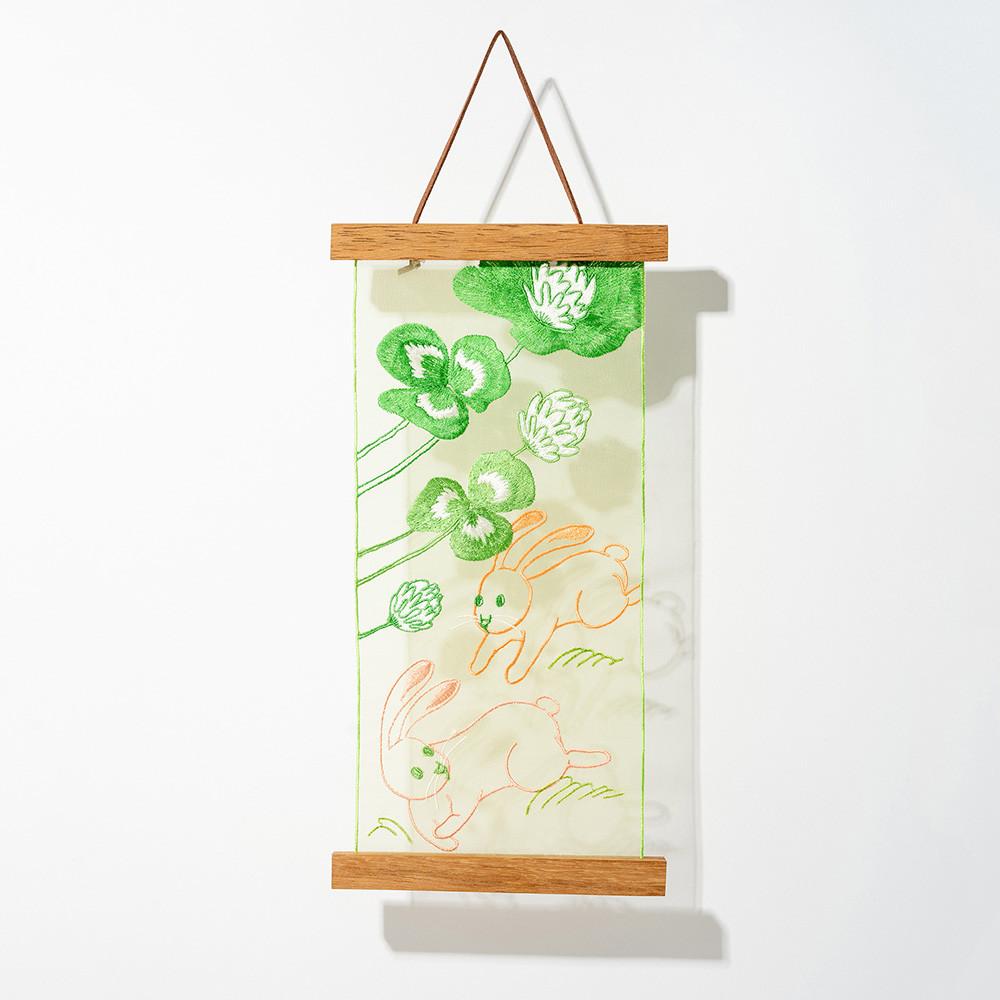 쌍토도(Lime green) 노방 자수 포스터(Korean Fortune Poster, Two rabbits)