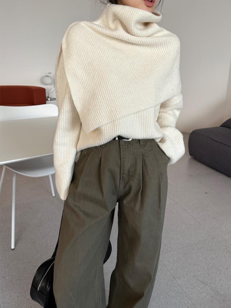 디바인 터틀넥 슬릿 케이프 라운드넥 크롭 루즈핏 울니트 세트