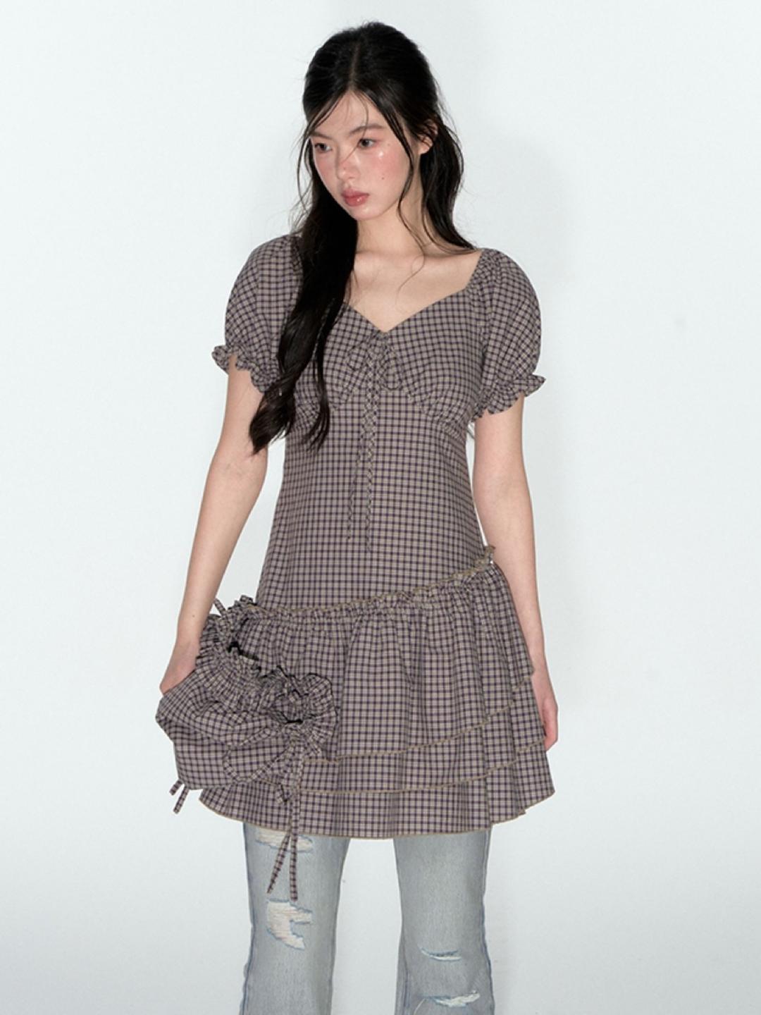 TAKEANAP Plaid Bevel Double Hem Dress (2color)